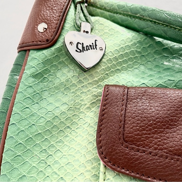 SHARIF 1827 GREEN & BROWN HANDBAG LEATHER TRIM WITH LAMINATE AND POUCH NWOT - Picture 12 of 15